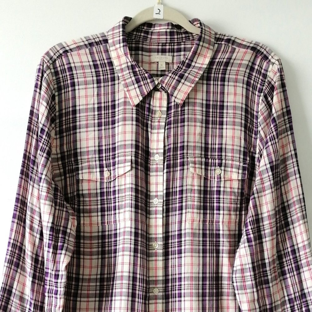 Talbots Womens Multicolor Plaid Flap Pockets Long Sleeve Button Up Shirt Size XL - Picture 2 of 7